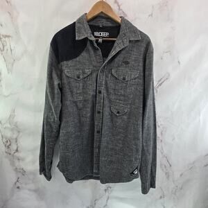 10 Deep Shirt Jacket Mens Large Black Gray Button Up Corduroy Elbow Patches